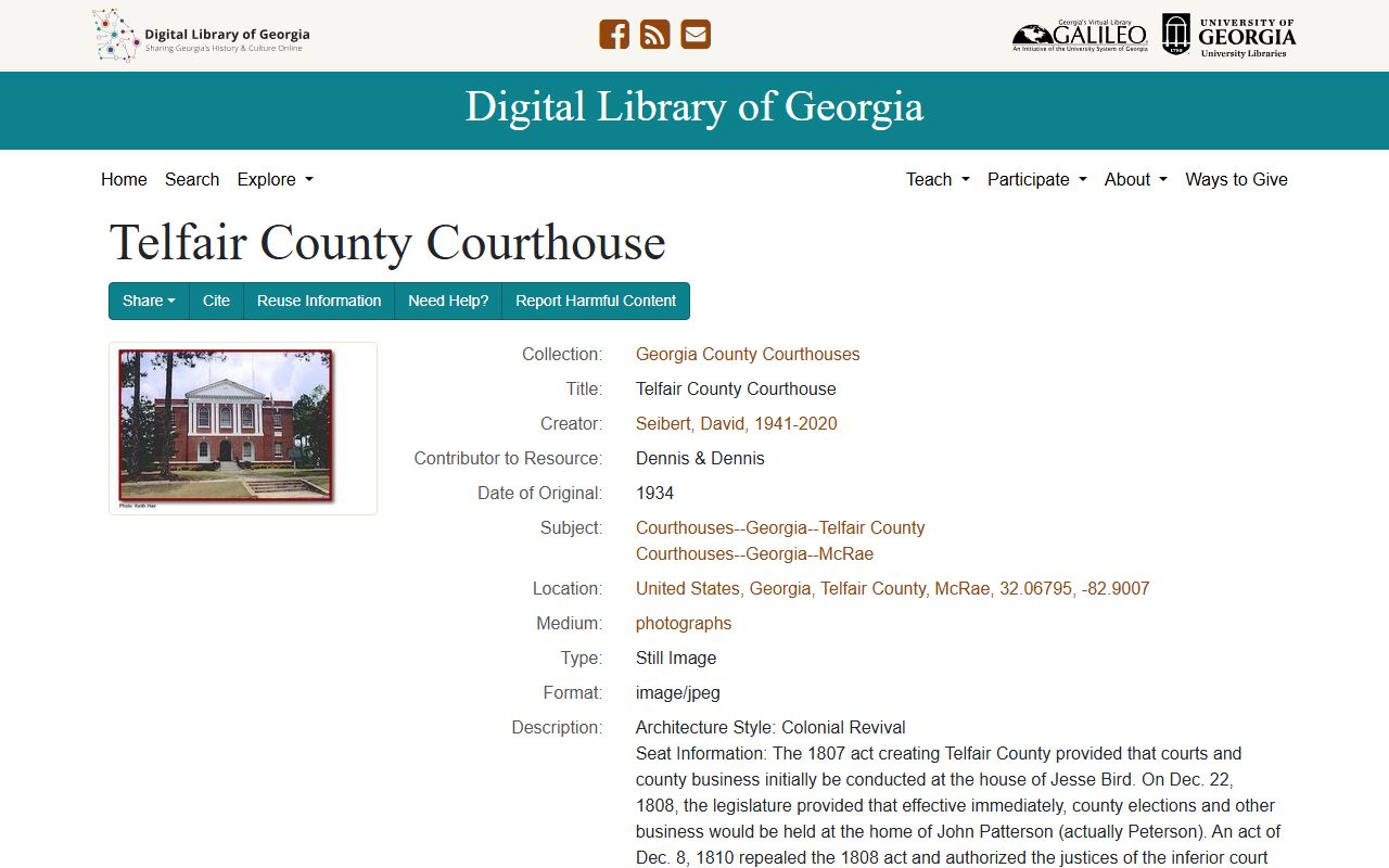 Telfair County Clerk of Superior Court records Digital Library of Georgia courthouse entry