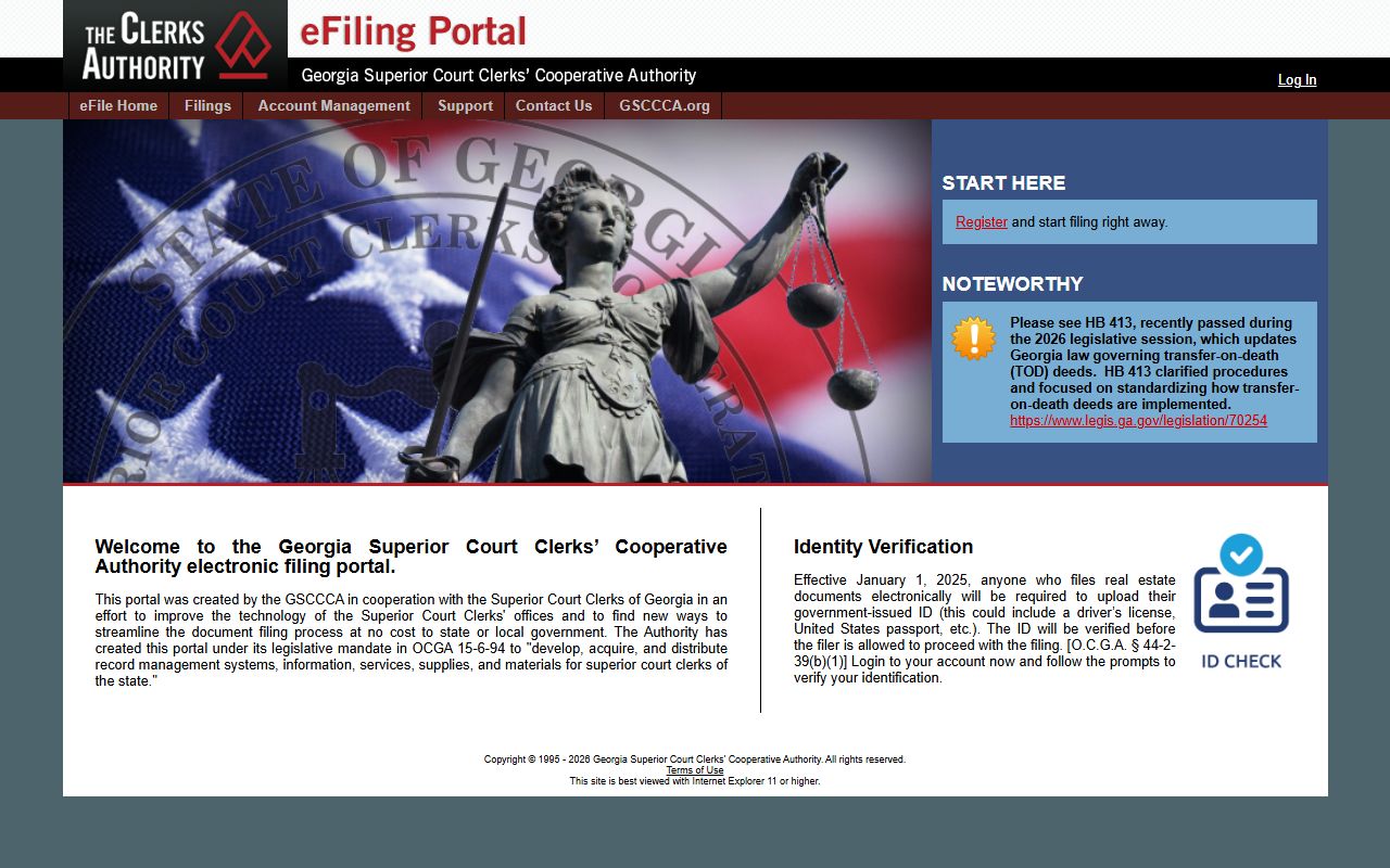 GSCCCA eFiling portal entry page for Georgia superior clerk filings