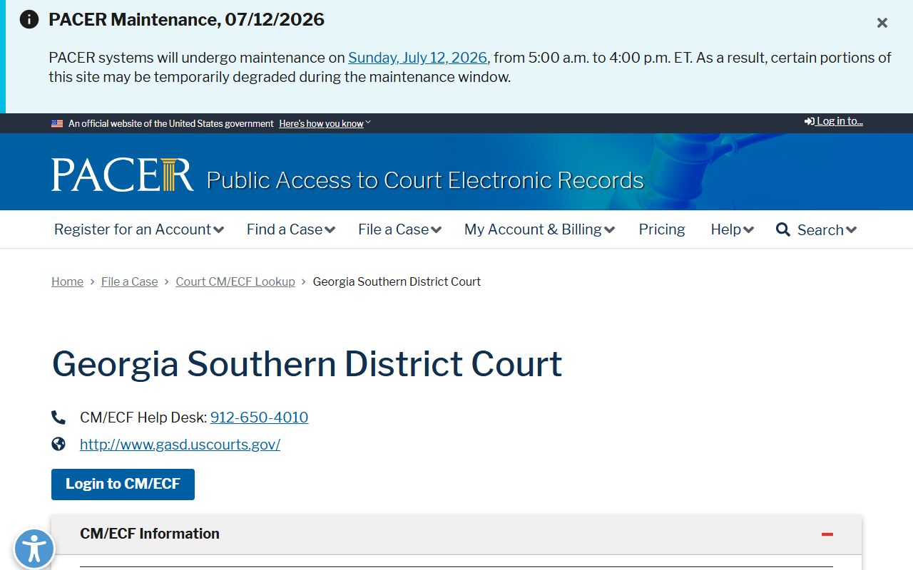 PACER court lookup for the Georgia Southern District Dublin Division