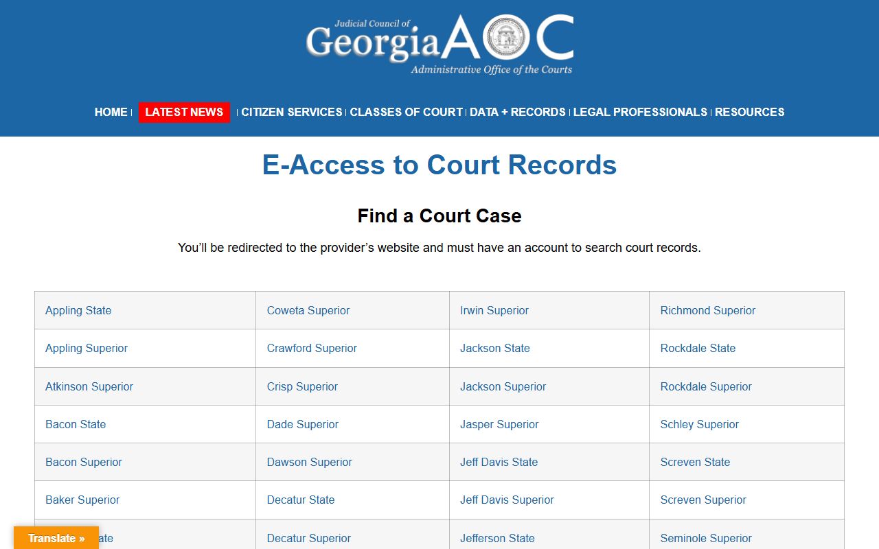 Georgia e-access court records page listing provider access for Telfair Superior Court