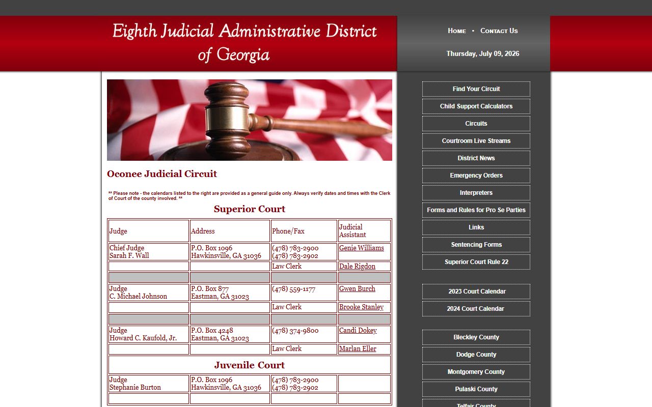 Oconee Judicial Circuit judge and contact table serving Telfair County Superior Court
