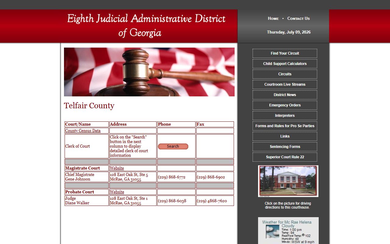 Telfair court directory with Magistrate Court and Probate Court contact entries