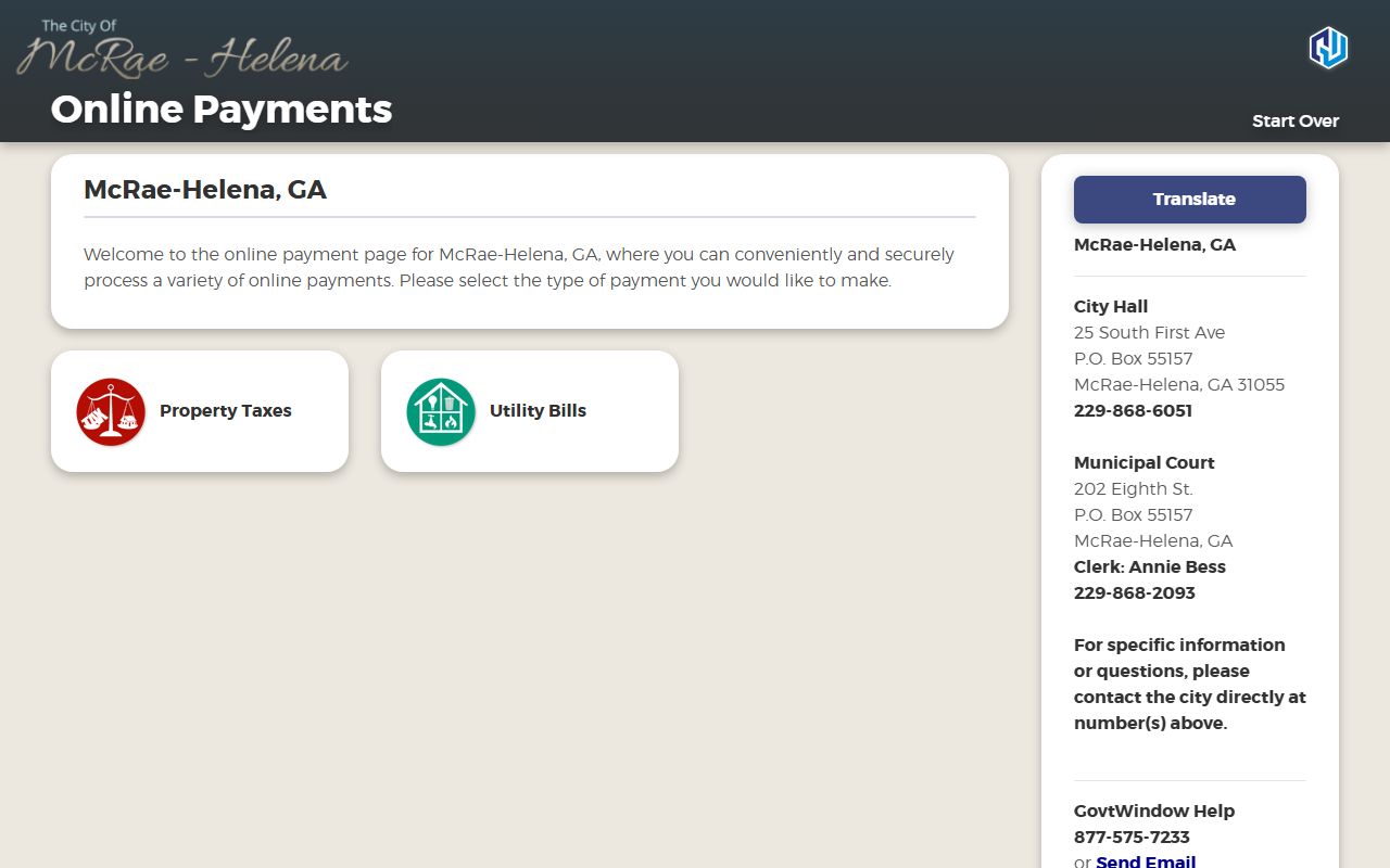 Telfair County traffic court records McRae-Helena Government Window payment page